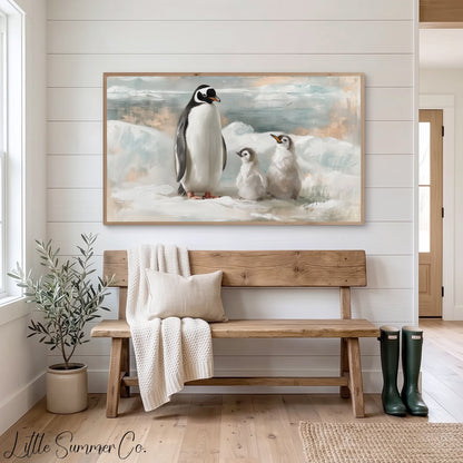 Penguin Family Ice Frame TV Art displayed on a TV