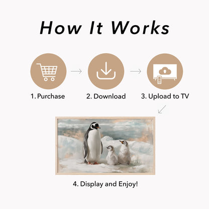Penguin Family Ice Frame TV Art displayed on a TV