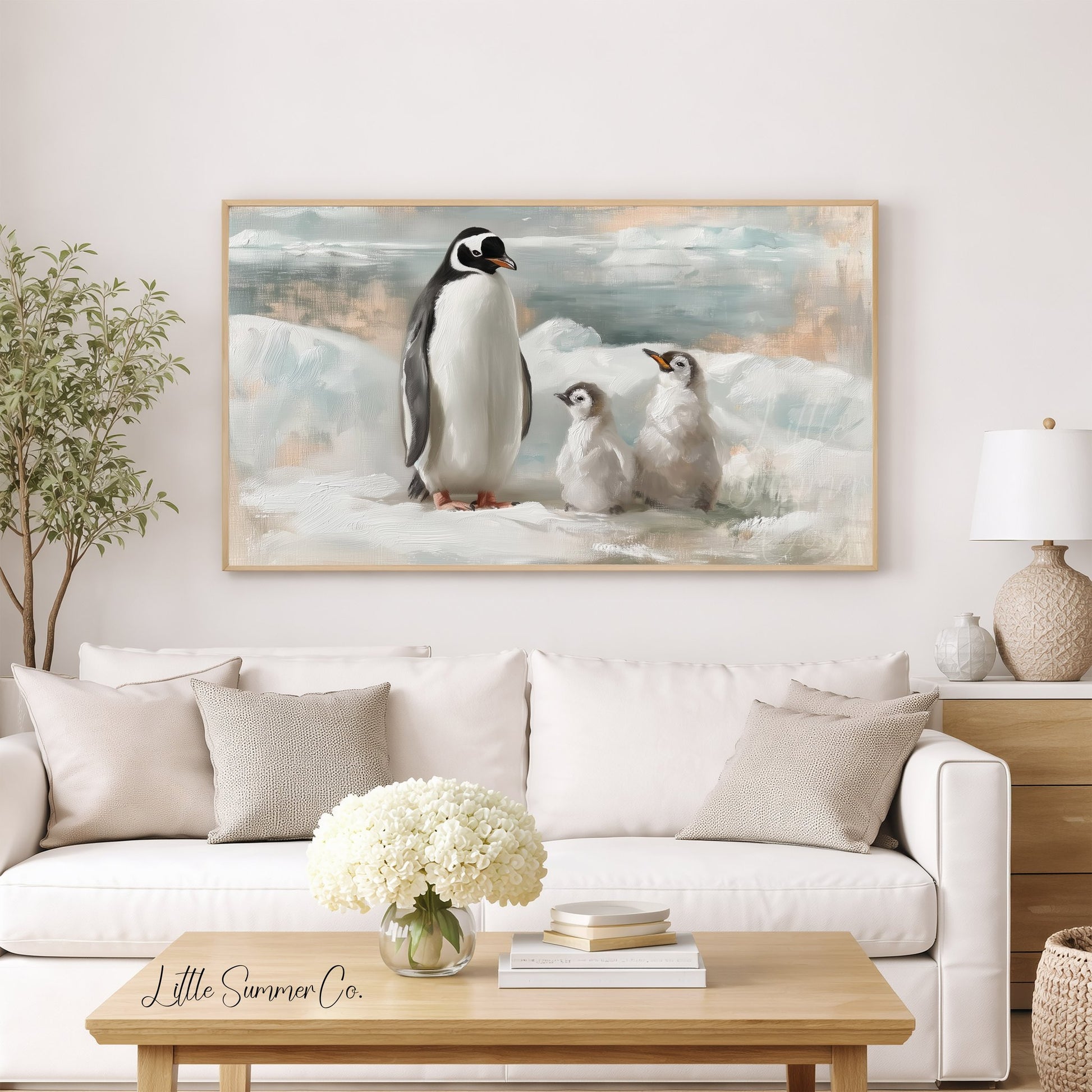 Penguin Family Ice Frame TV Art displayed on a TV