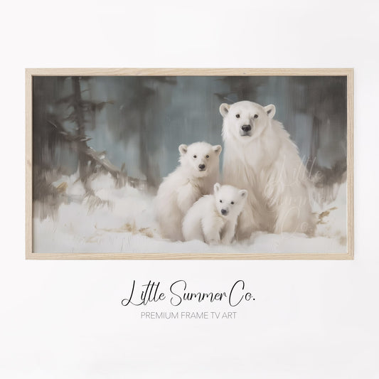 Polar Bear and Cubs Frame TV Art displayed on a TV
