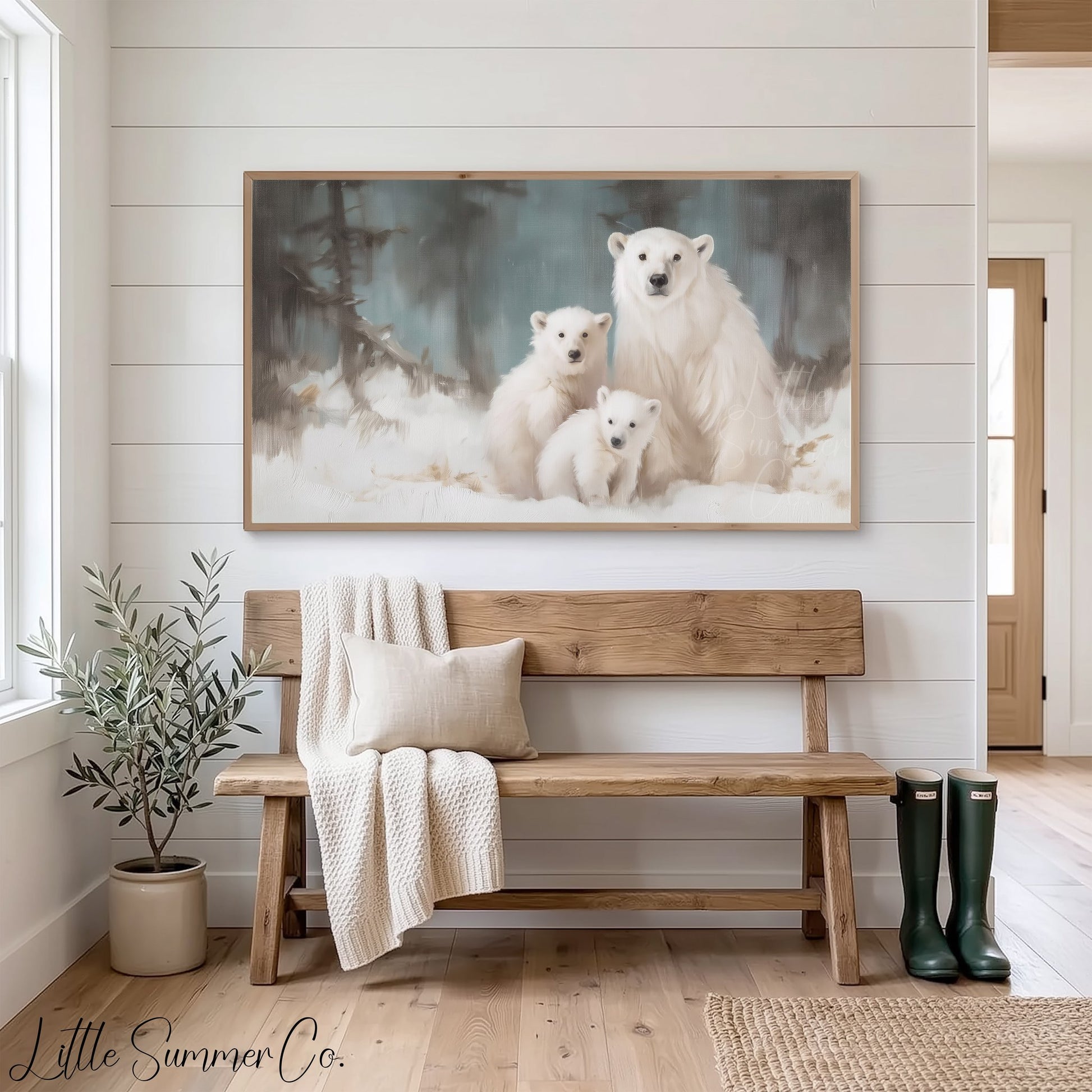 Polar Bear and Cubs Frame TV Art displayed on a TV