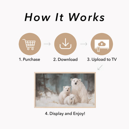 Polar Bear and Cubs Frame TV Art displayed on a TV