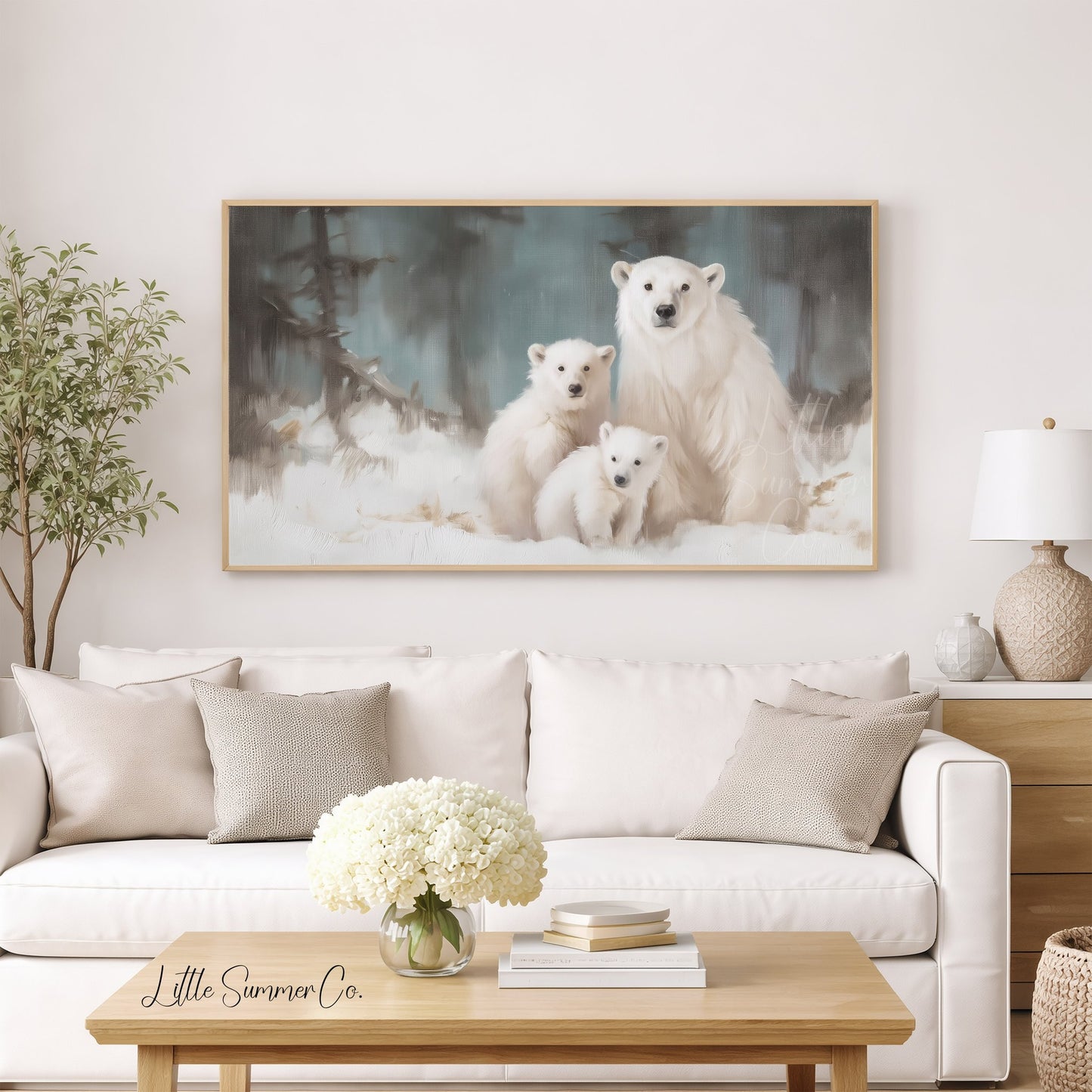 Polar Bear and Cubs Frame TV Art displayed on a TV