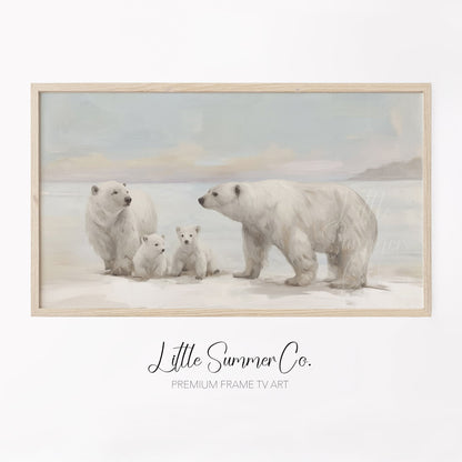 Polar Bear Family Snow Frame TV Art displayed on a TV