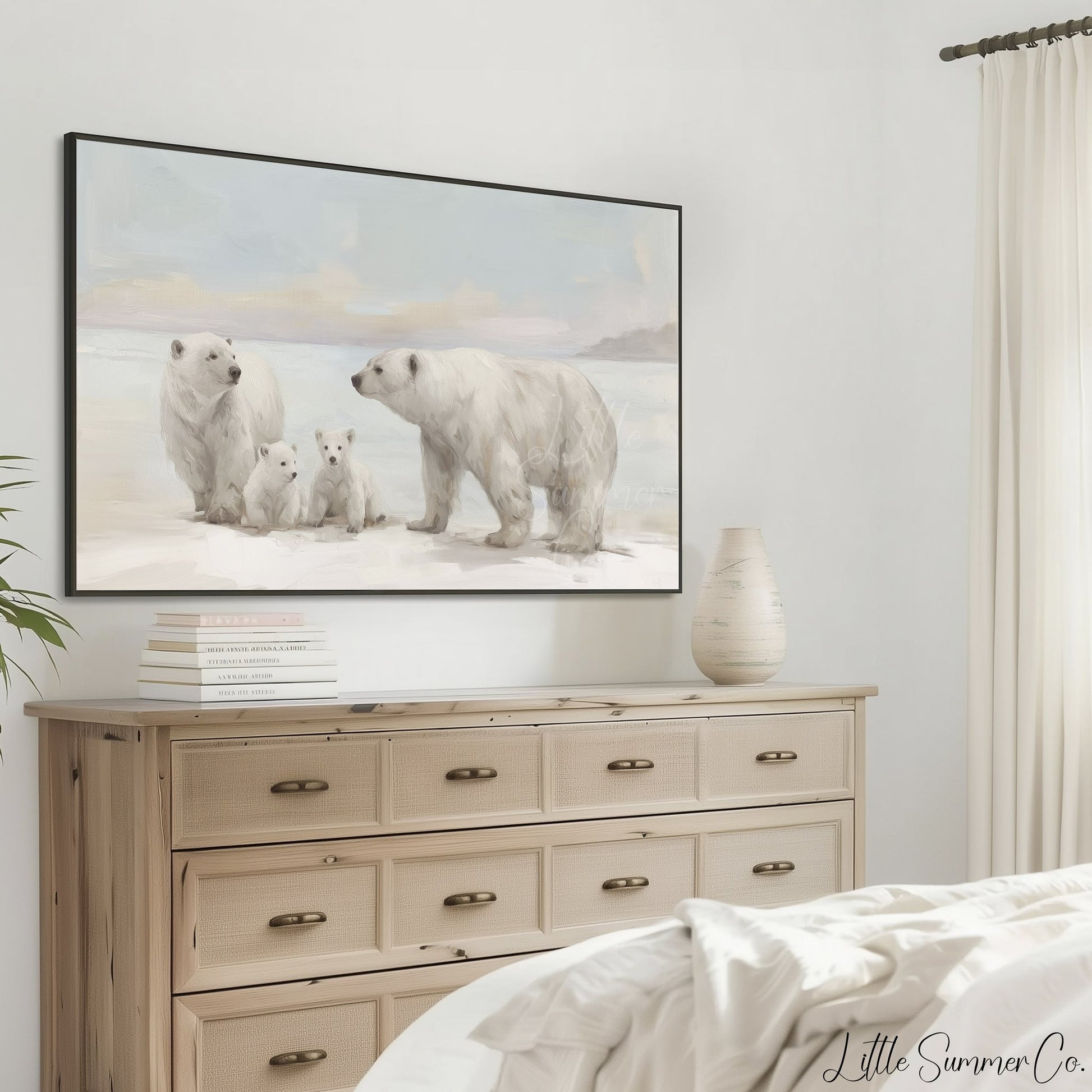 Polar Bear Family Snow Frame TV Art displayed on a TV