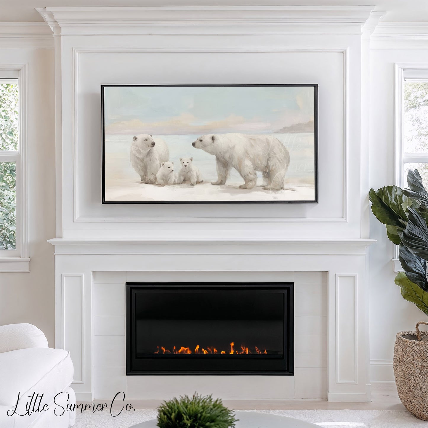 Polar Bear Family Snow Frame TV Art displayed on a TV