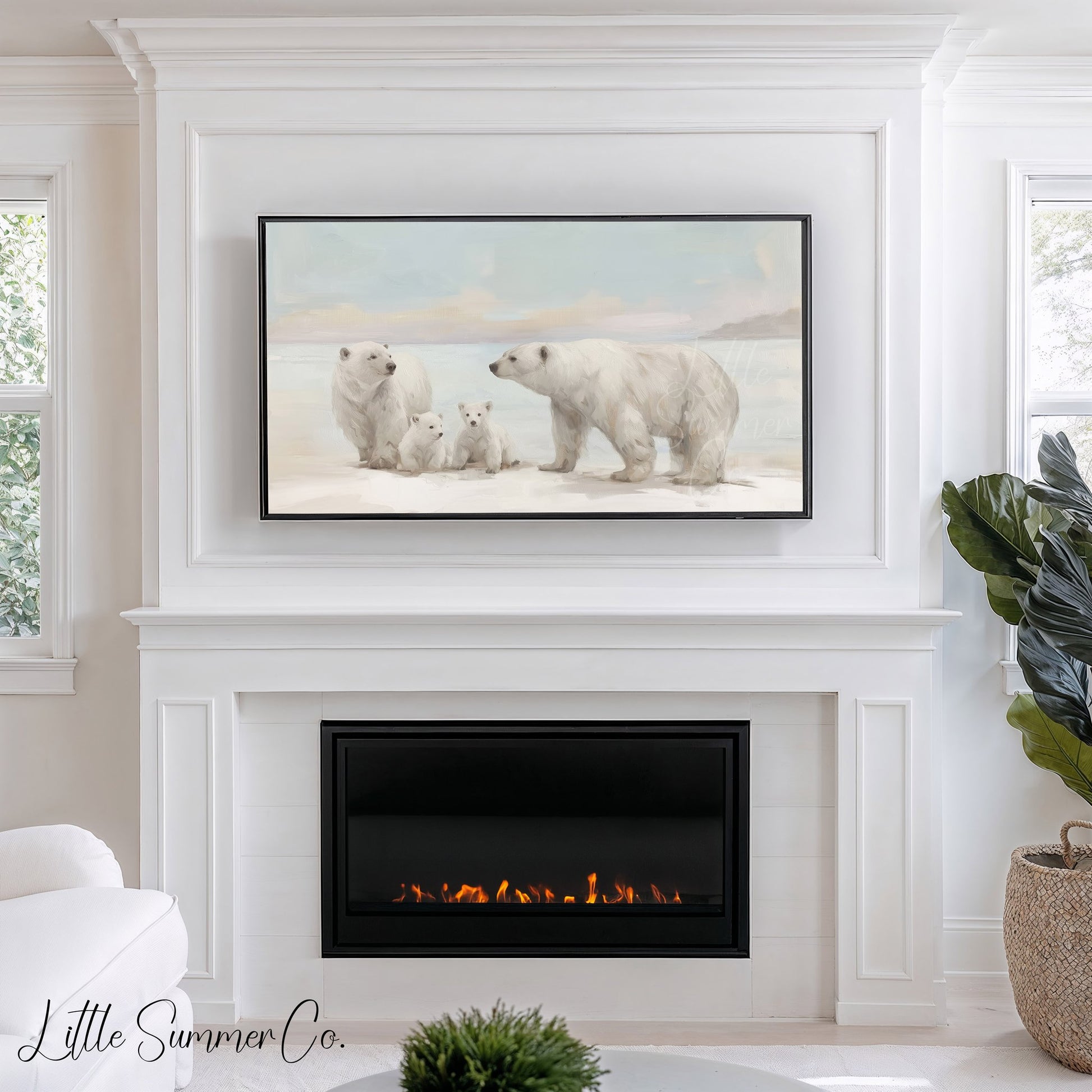 Polar Bear Family Snow Frame TV Art displayed on a TV