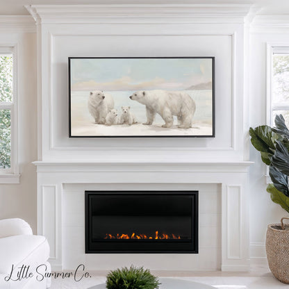Polar Bear Family Snow Frame TV Art displayed on a TV