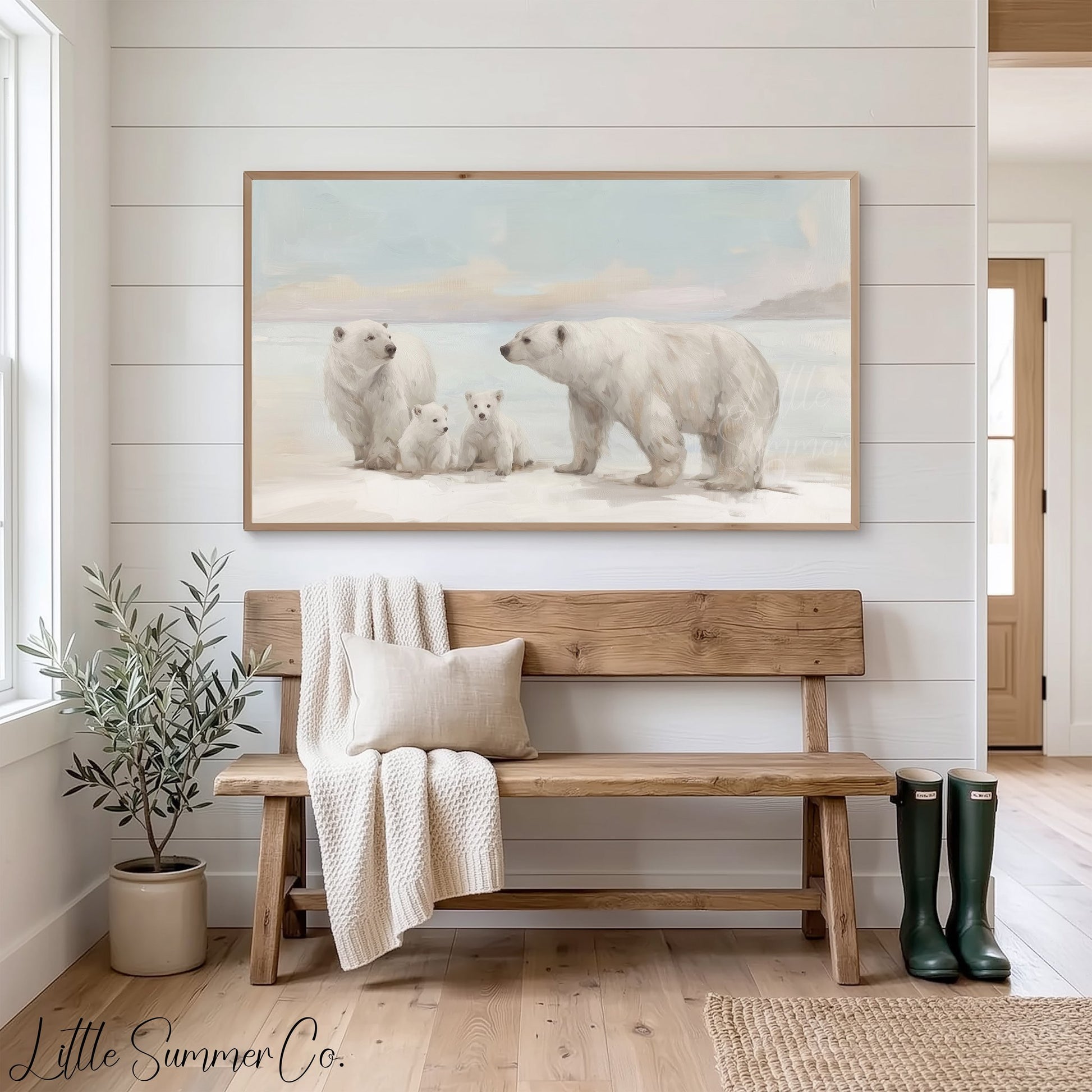 Polar Bear Family Snow Frame TV Art displayed on a TV