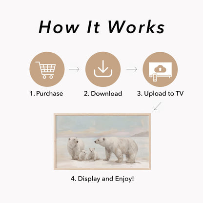 Polar Bear Family Snow Frame TV Art displayed on a TV