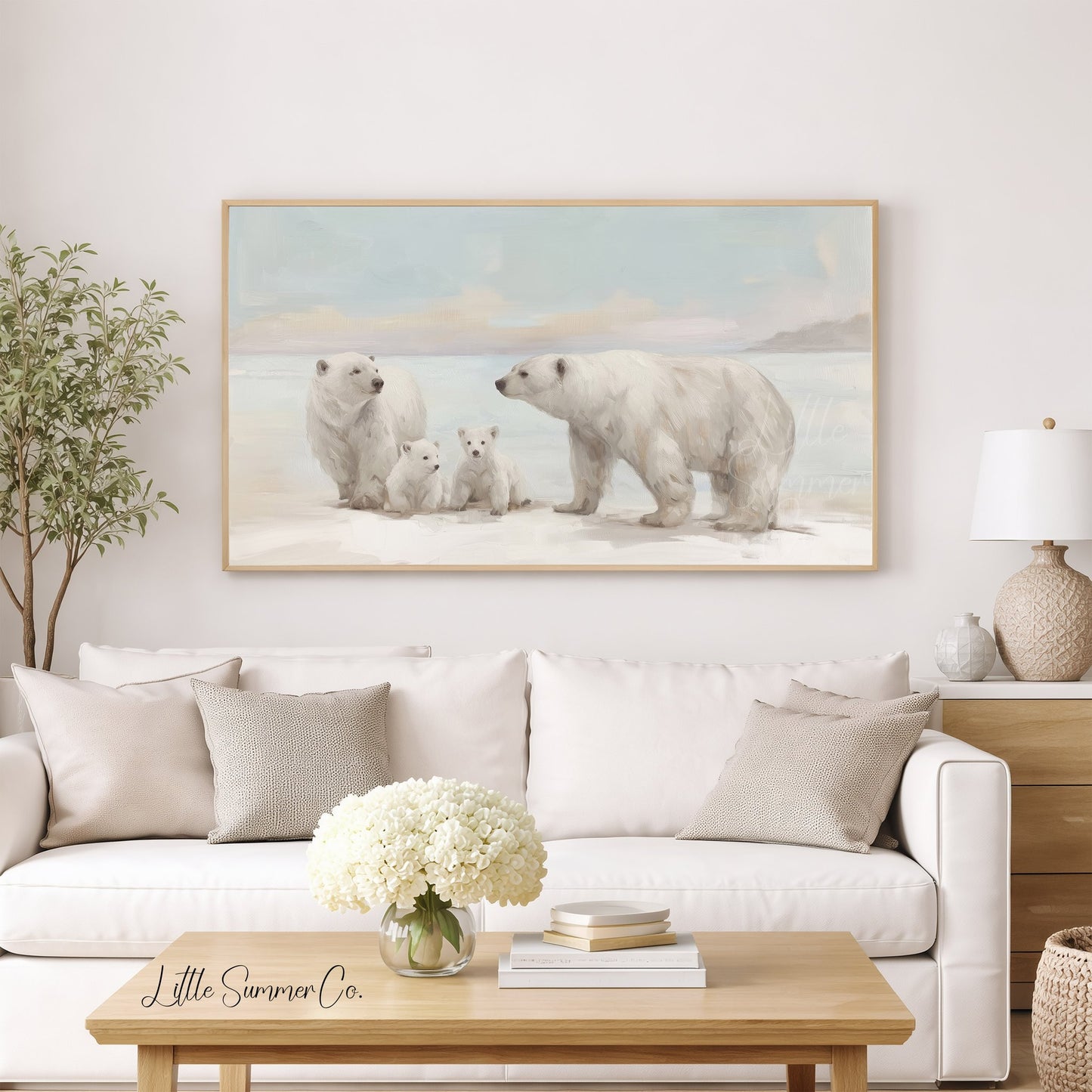Polar Bear Family Snow Frame TV Art displayed on a TV