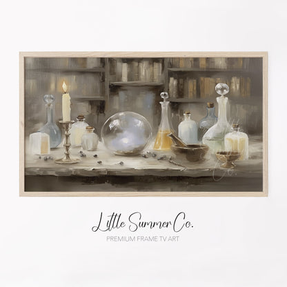 Apothecary Bottles and Crystal Ball Frame TV Art displayed on a TV