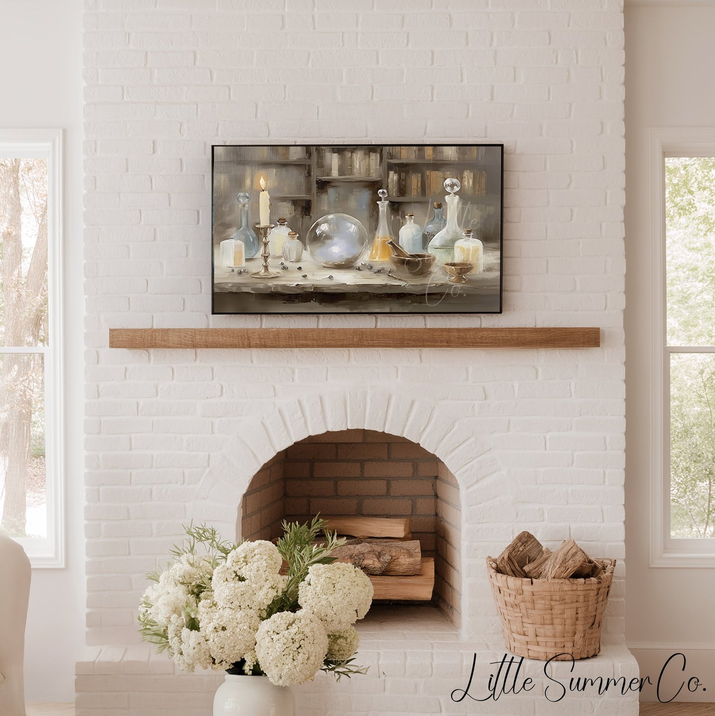 Apothecary Bottles and Crystal Ball Frame TV Art displayed on a TV