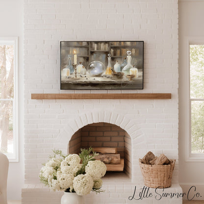 Apothecary Bottles and Crystal Ball Frame TV Art displayed on a TV