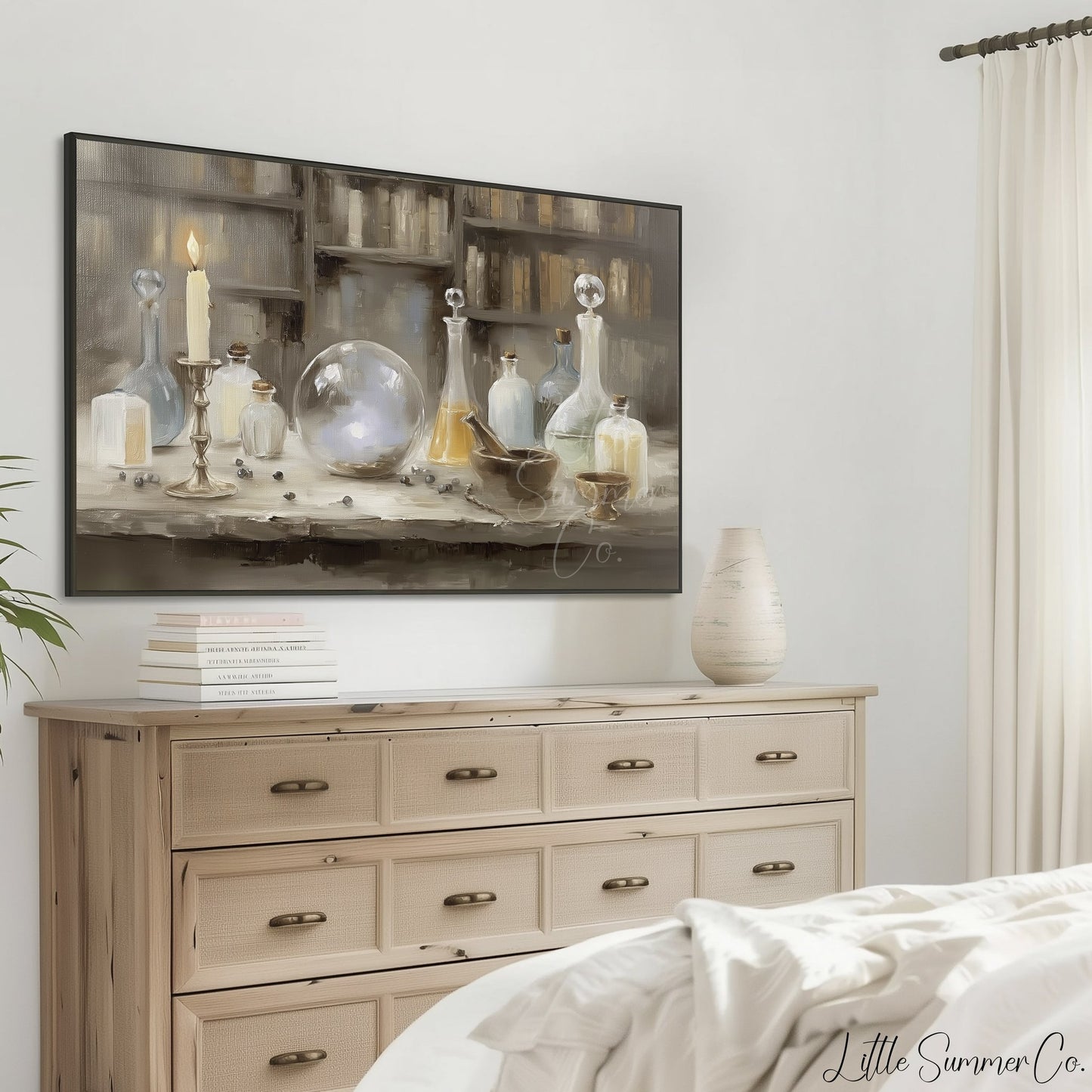 Apothecary Bottles and Crystal Ball Frame TV Art displayed on a TV