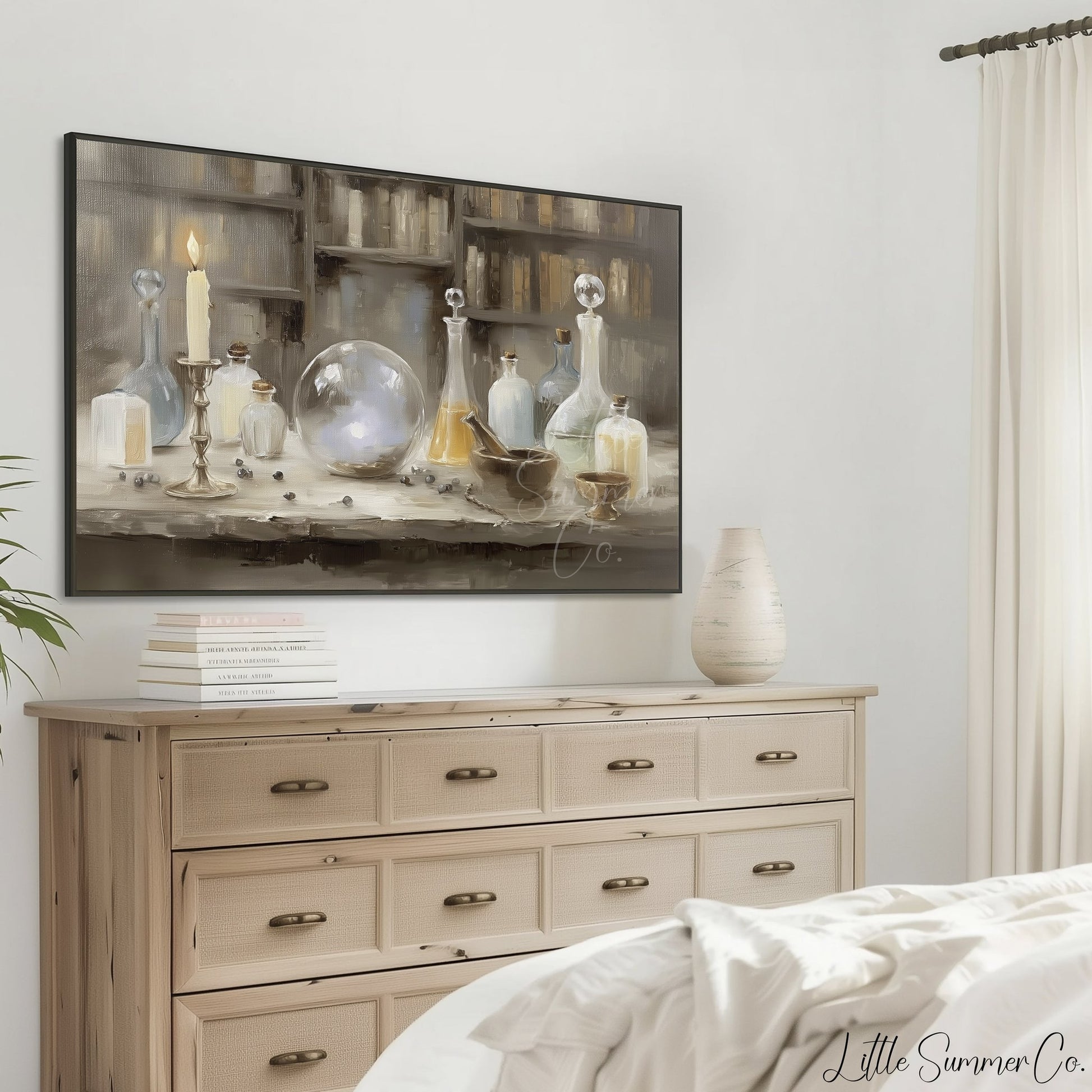 Apothecary Bottles and Crystal Ball Frame TV Art displayed on a TV