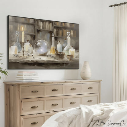 Apothecary Bottles and Crystal Ball Frame TV Art displayed on a TV
