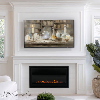 Apothecary Bottles and Crystal Ball Frame TV Art displayed on a TV