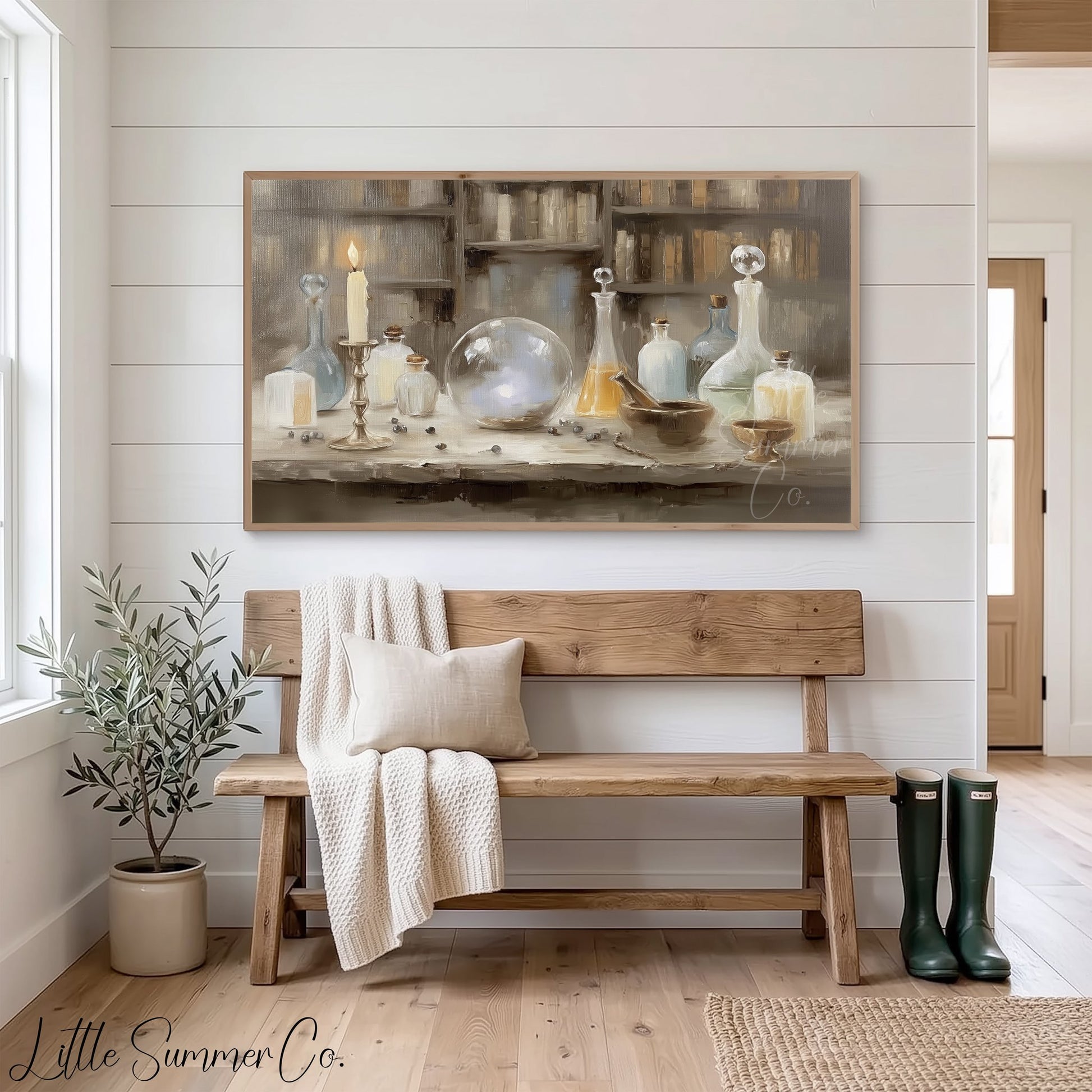 Apothecary Bottles and Crystal Ball Frame TV Art displayed on a TV