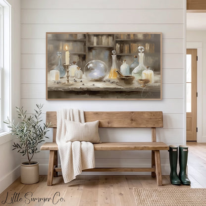 Apothecary Bottles and Crystal Ball Frame TV Art displayed on a TV