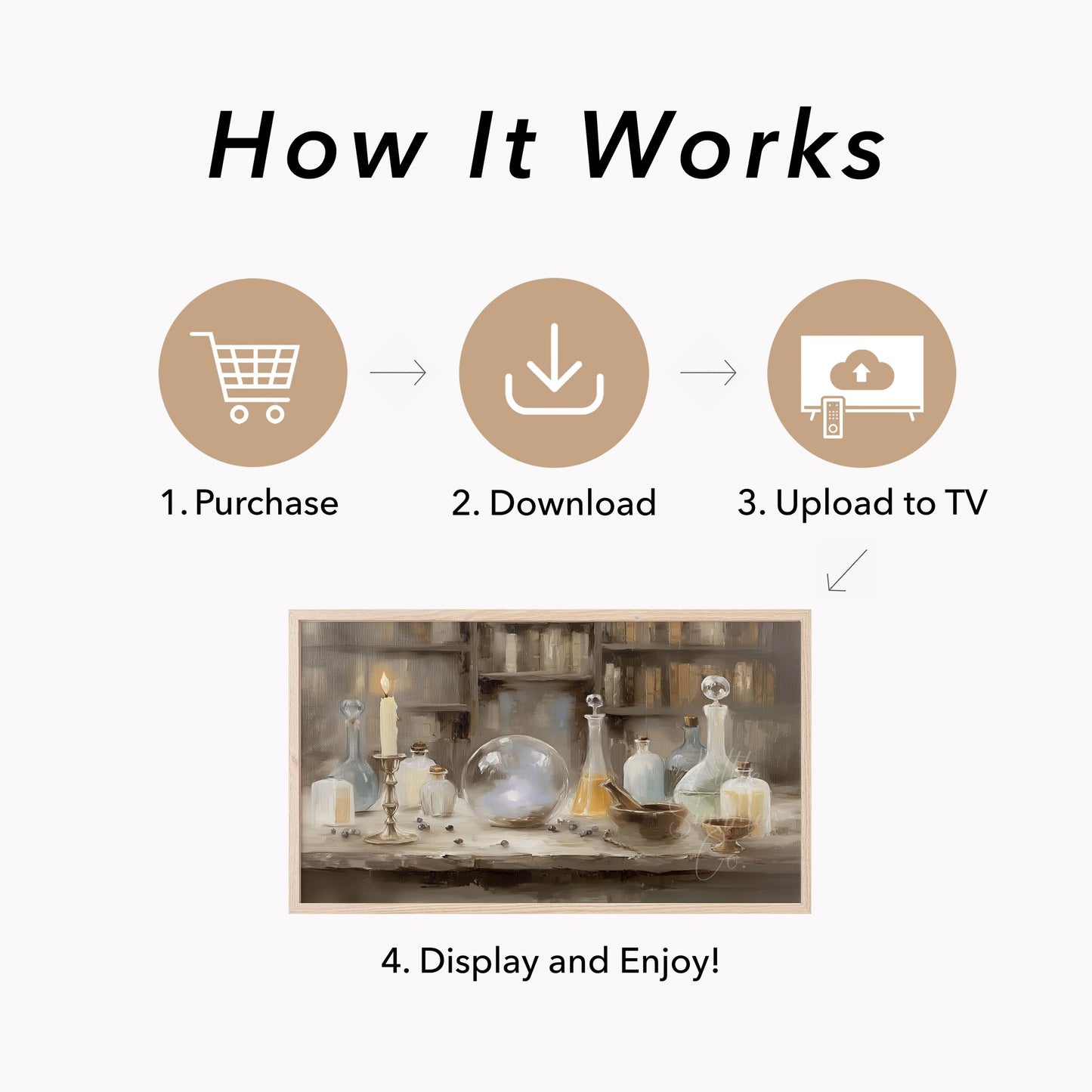 Apothecary Bottles and Crystal Ball Frame TV Art displayed on a TV