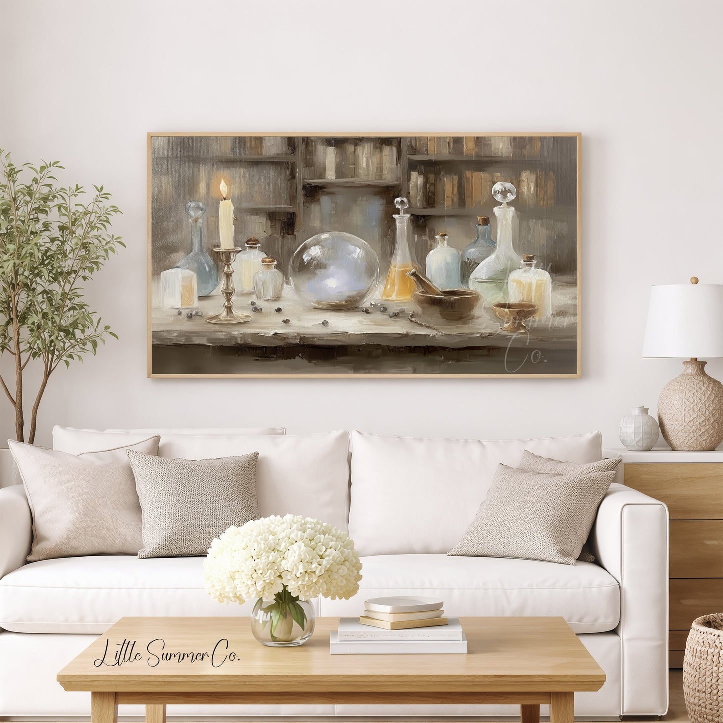 Apothecary Bottles and Crystal Ball Frame TV Art displayed on a TV