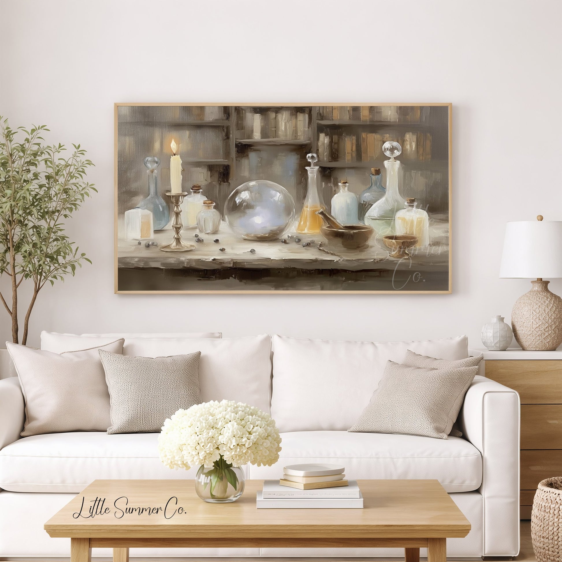 Apothecary Bottles and Crystal Ball Frame TV Art displayed on a TV