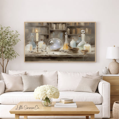 Apothecary Bottles and Crystal Ball Frame TV Art displayed on a TV