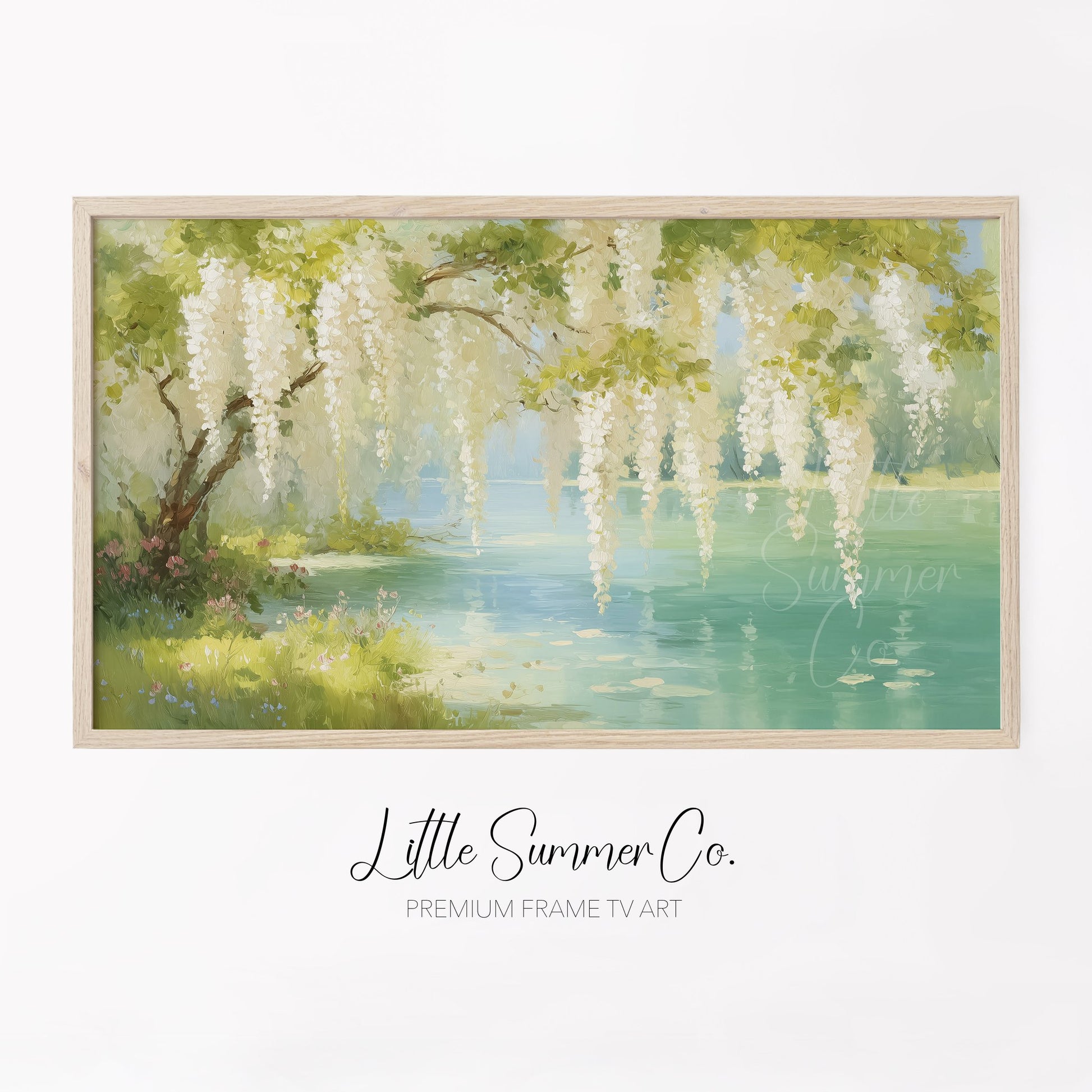White Wisteria Over Wildflower Lake Frame TV Art displayed on a TV
