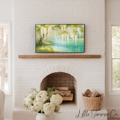 White Wisteria Over Wildflower Lake Frame TV Art displayed on a TV