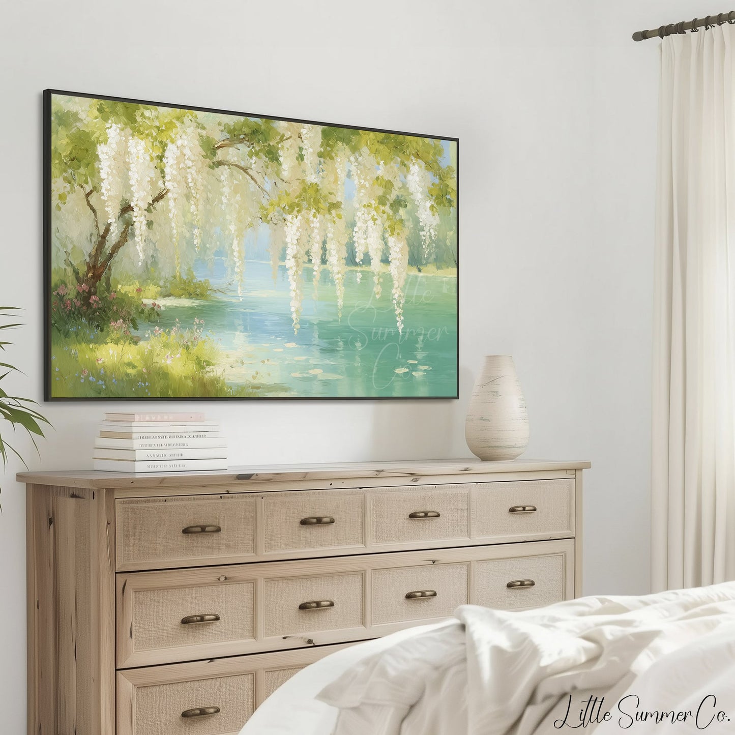 White Wisteria Over Wildflower Lake Frame TV Art displayed on a TV