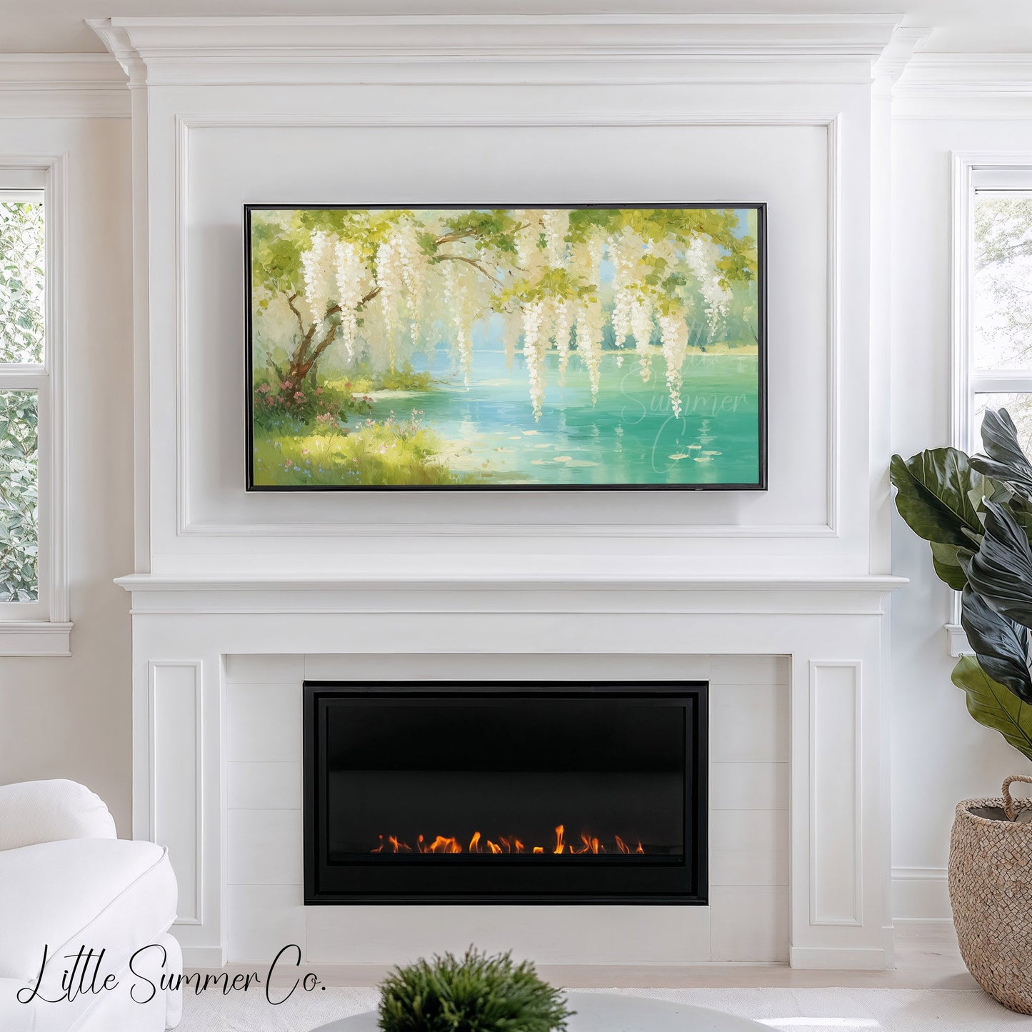 White Wisteria Over Wildflower Lake Frame TV Art displayed on a TV