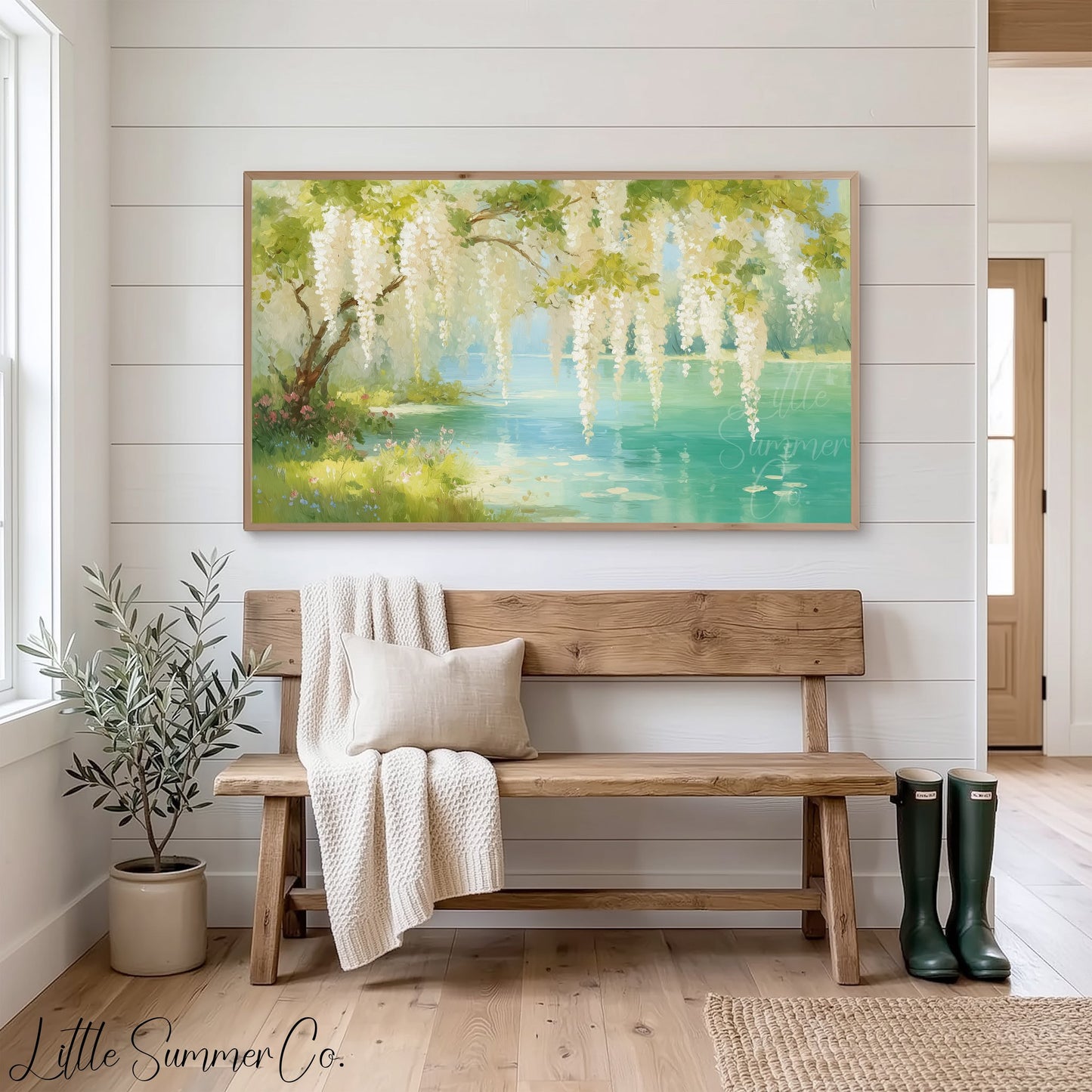 White Wisteria Over Wildflower Lake Frame TV Art displayed on a TV