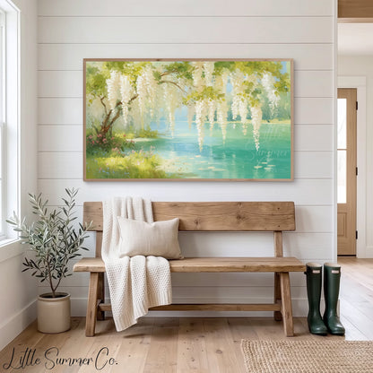 White Wisteria Over Wildflower Lake Frame TV Art displayed on a TV