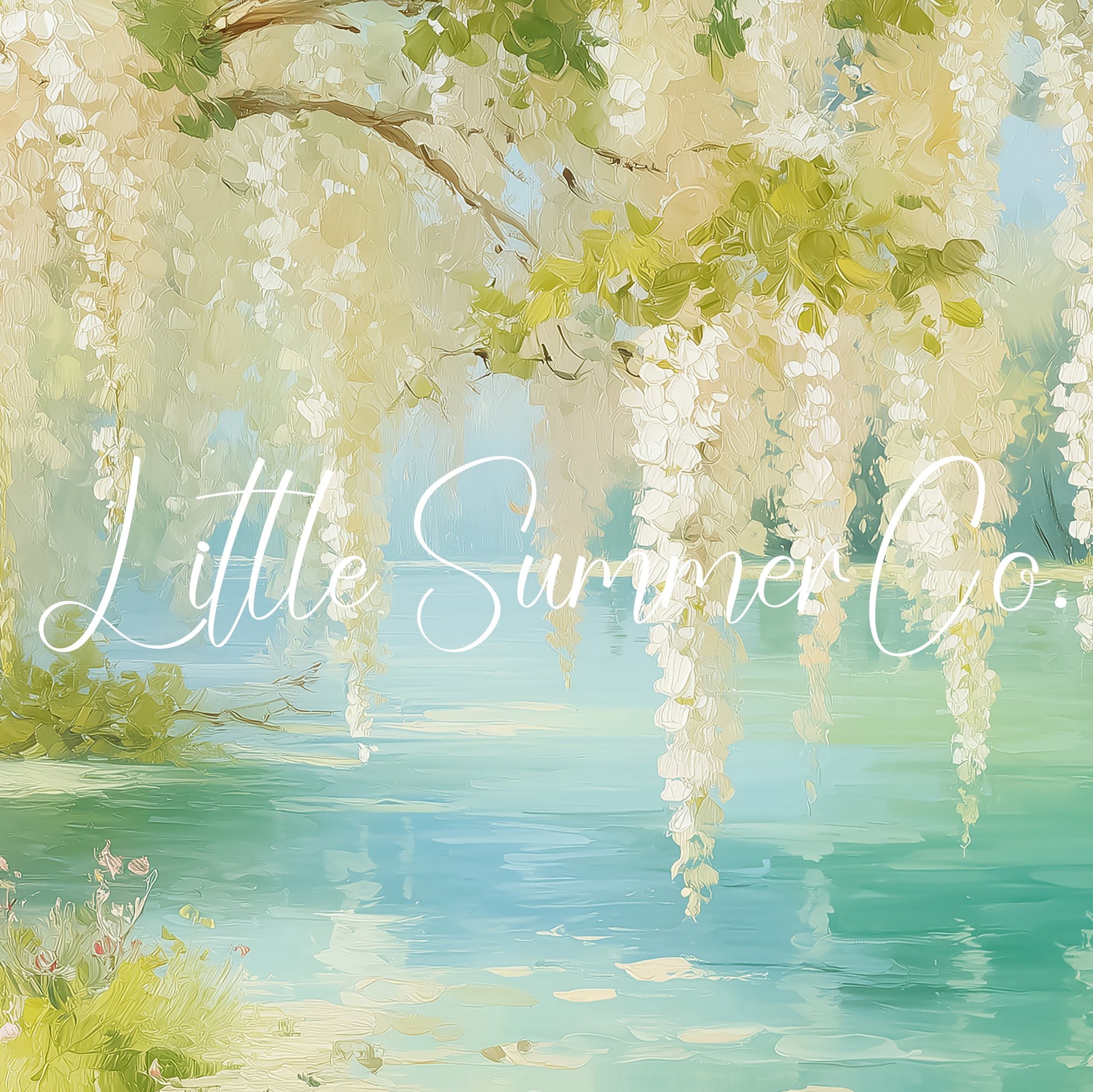 White Wisteria Over Wildflower Lake Frame TV Art displayed on a TV