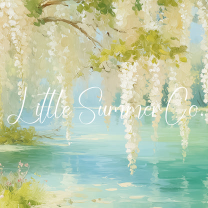 White Wisteria Over Wildflower Lake Frame TV Art displayed on a TV