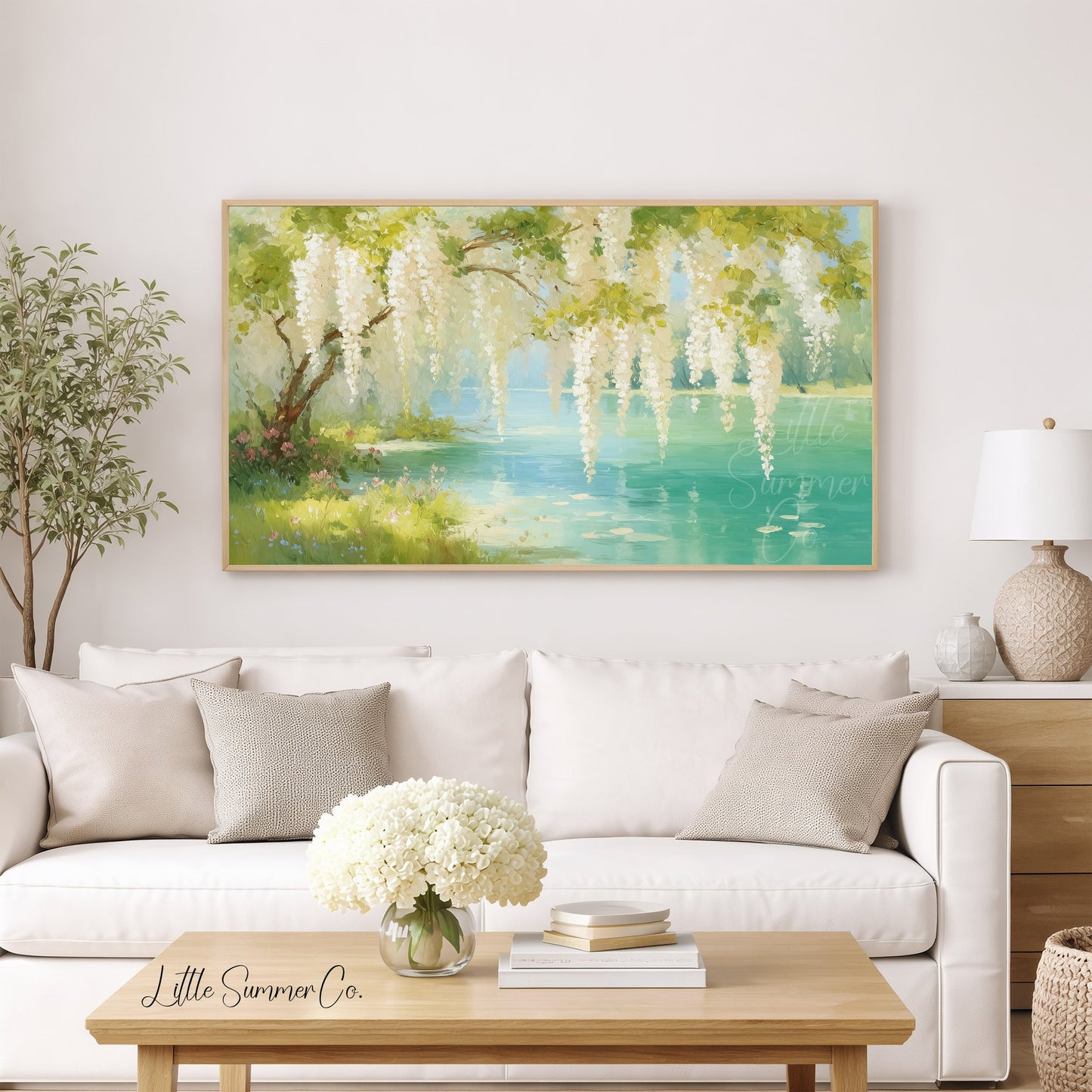 White Wisteria Over Wildflower Lake Frame TV Art displayed on a TV