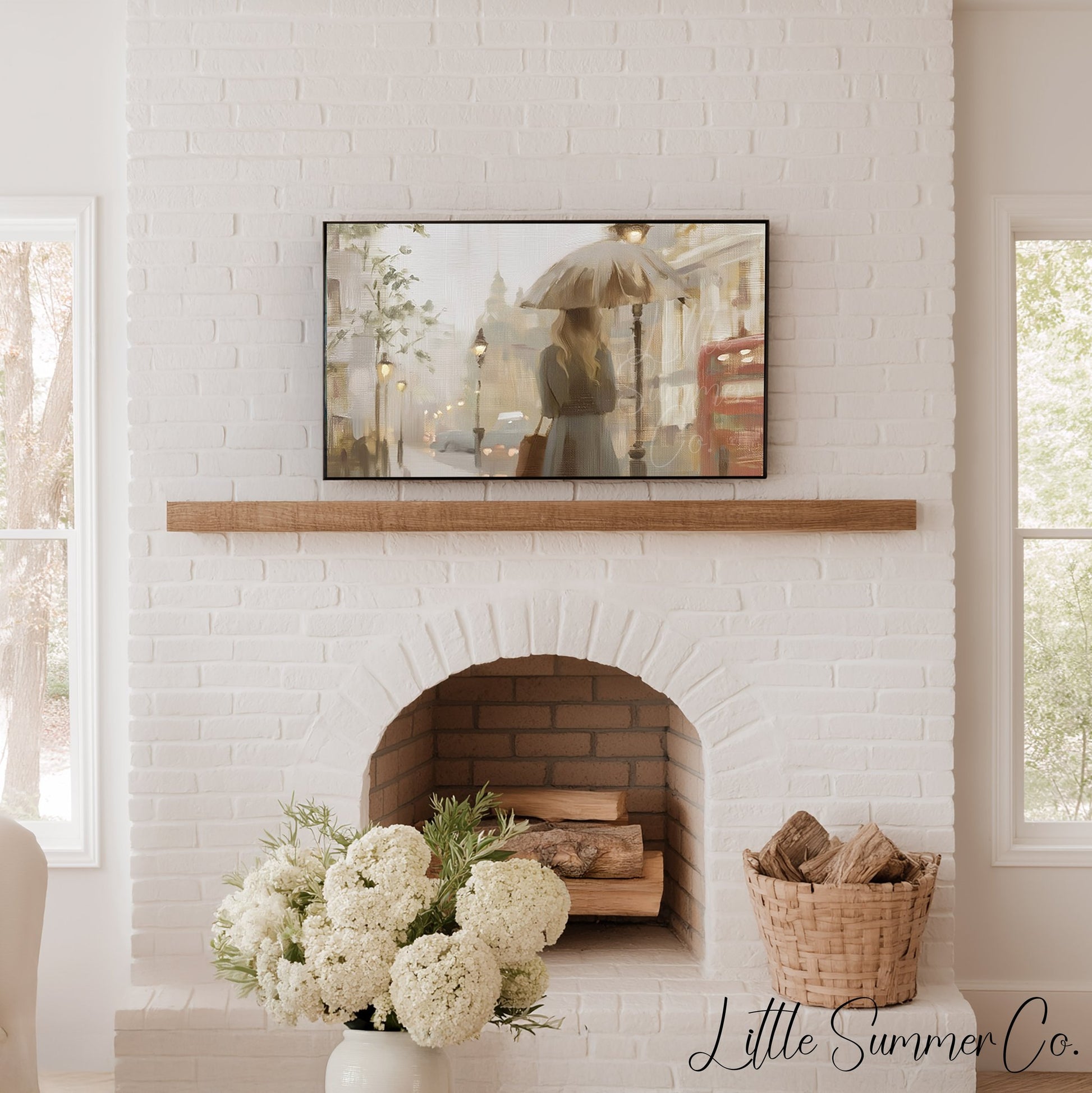 Woman Umbrella London Frame TV Art displayed on a TV