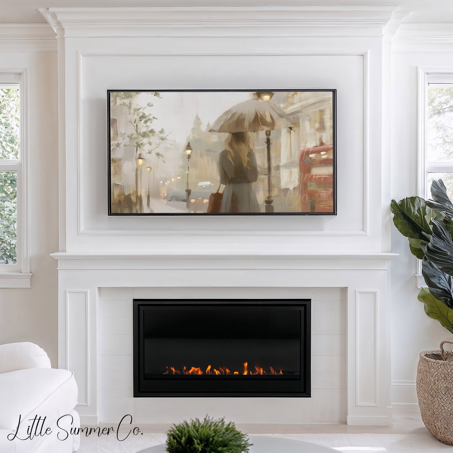 Woman Umbrella London Frame TV Art displayed on a TV