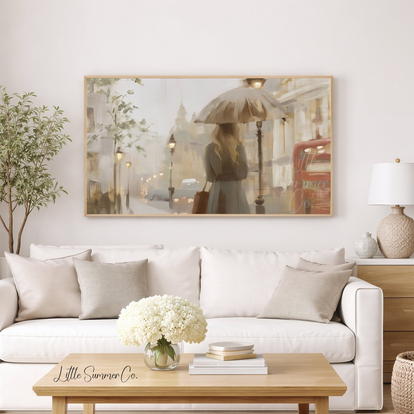 Woman Umbrella London Frame TV Art displayed on a TV
