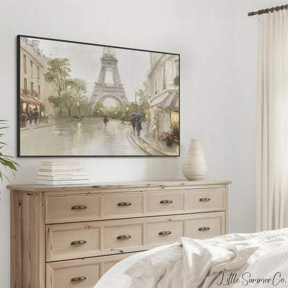 Paris Street and Eiffel Tower Frame TV Art displayed on a TV