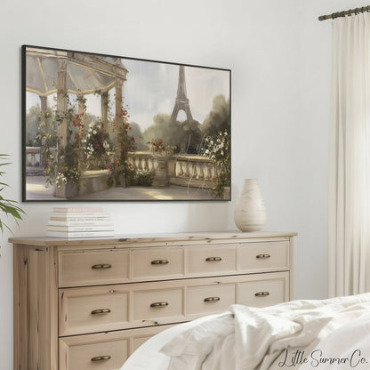 Eiffel Tower Garden Terrace Frame TV Art displayed on a TV