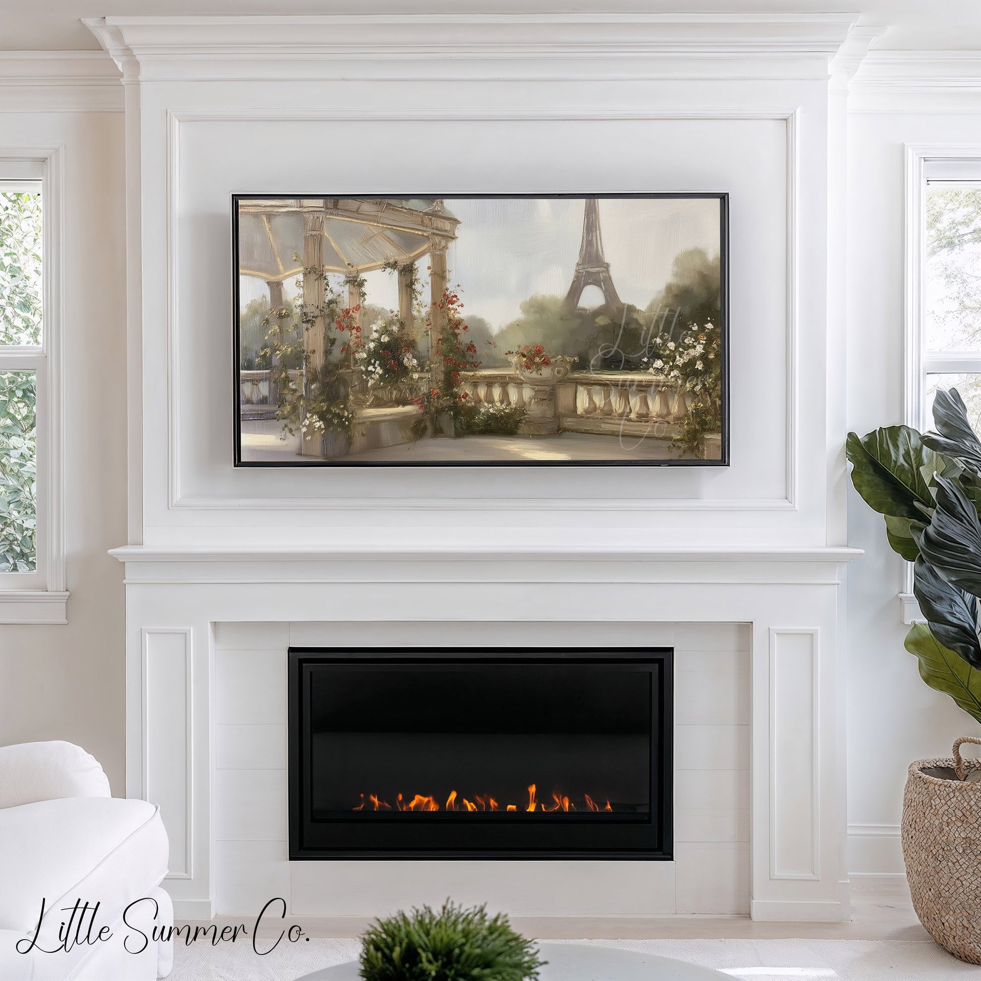 Eiffel Tower Garden Terrace Frame TV Art displayed on a TV
