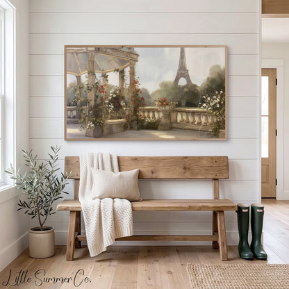 Eiffel Tower Garden Terrace Frame TV Art displayed on a TV