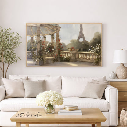 Eiffel Tower Garden Terrace Frame TV Art displayed on a TV