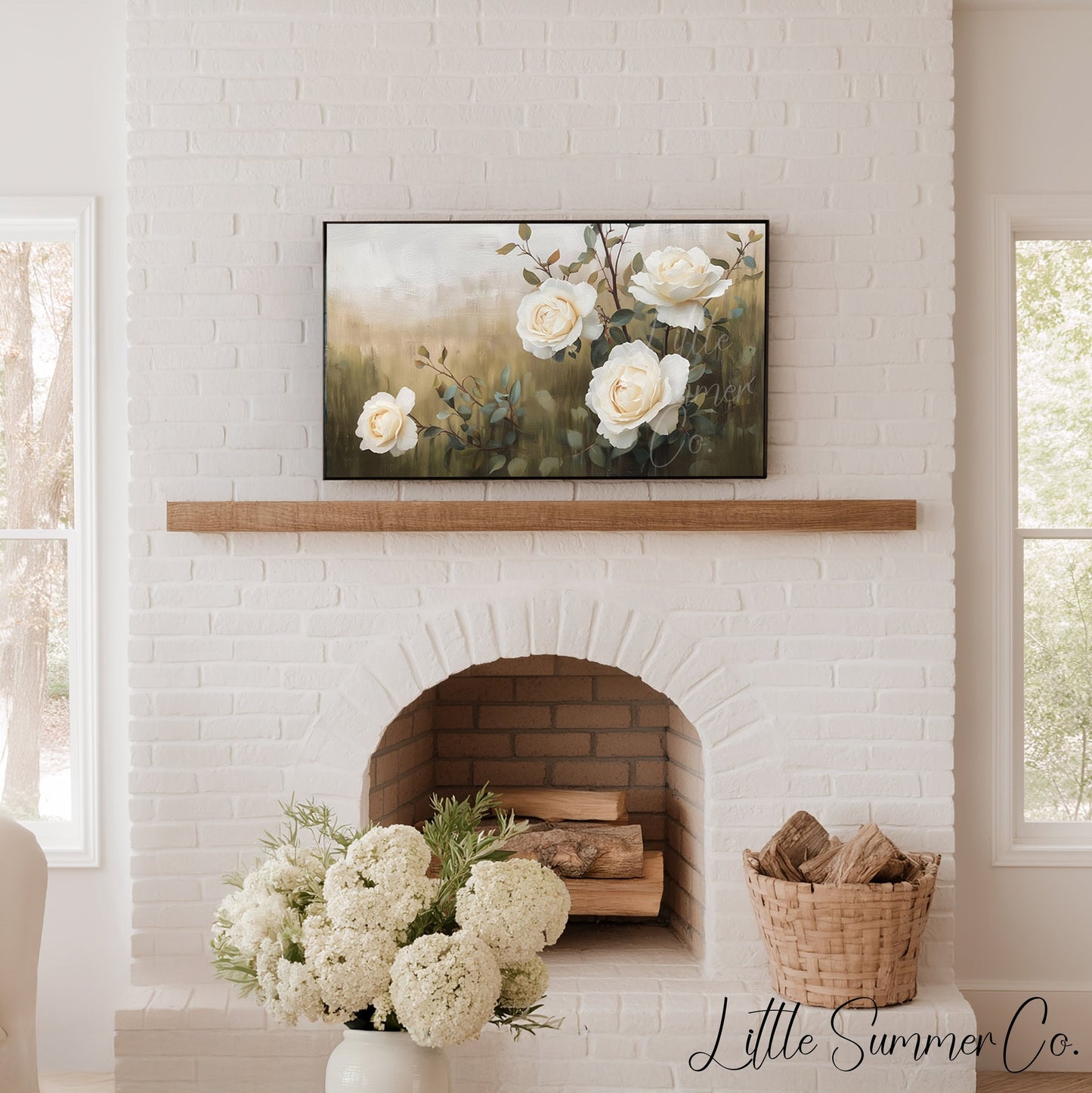 White Roses and Branches Frame TV Art displayed on a TV