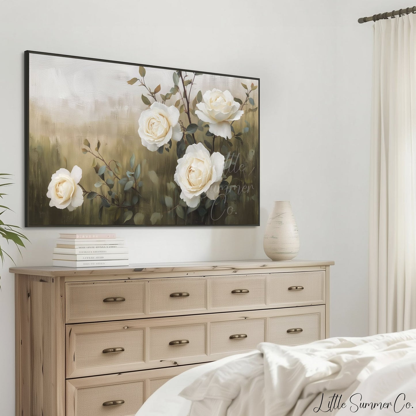 White Roses and Branches Frame TV Art displayed on a TV