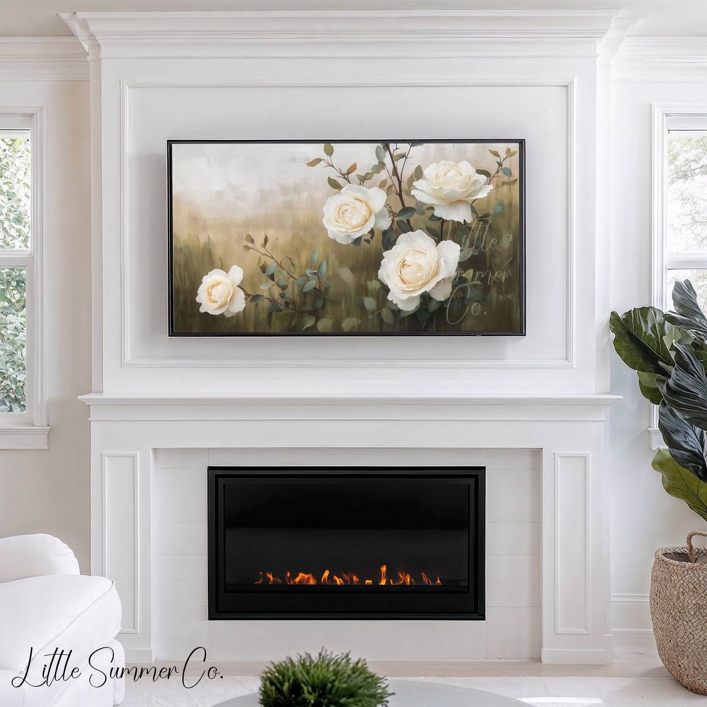 White Roses and Branches Frame TV Art displayed on a TV