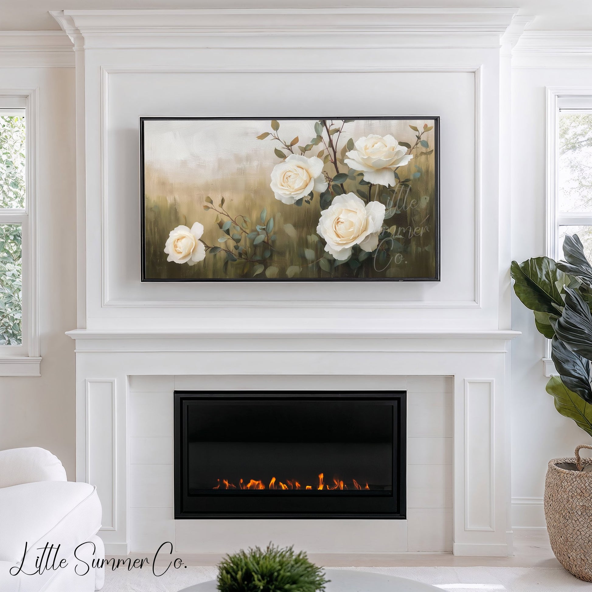 White Roses and Branches Frame TV Art displayed on a TV