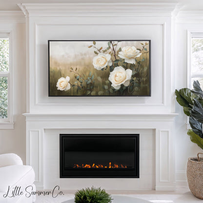 White Roses and Branches Frame TV Art displayed on a TV